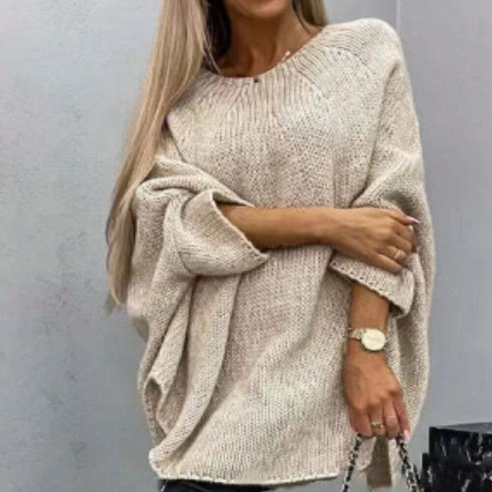 Khaki Casual Women's Solid Color Batwing Sleeve Round Neck Knit Sweater - Picture 3 of 5